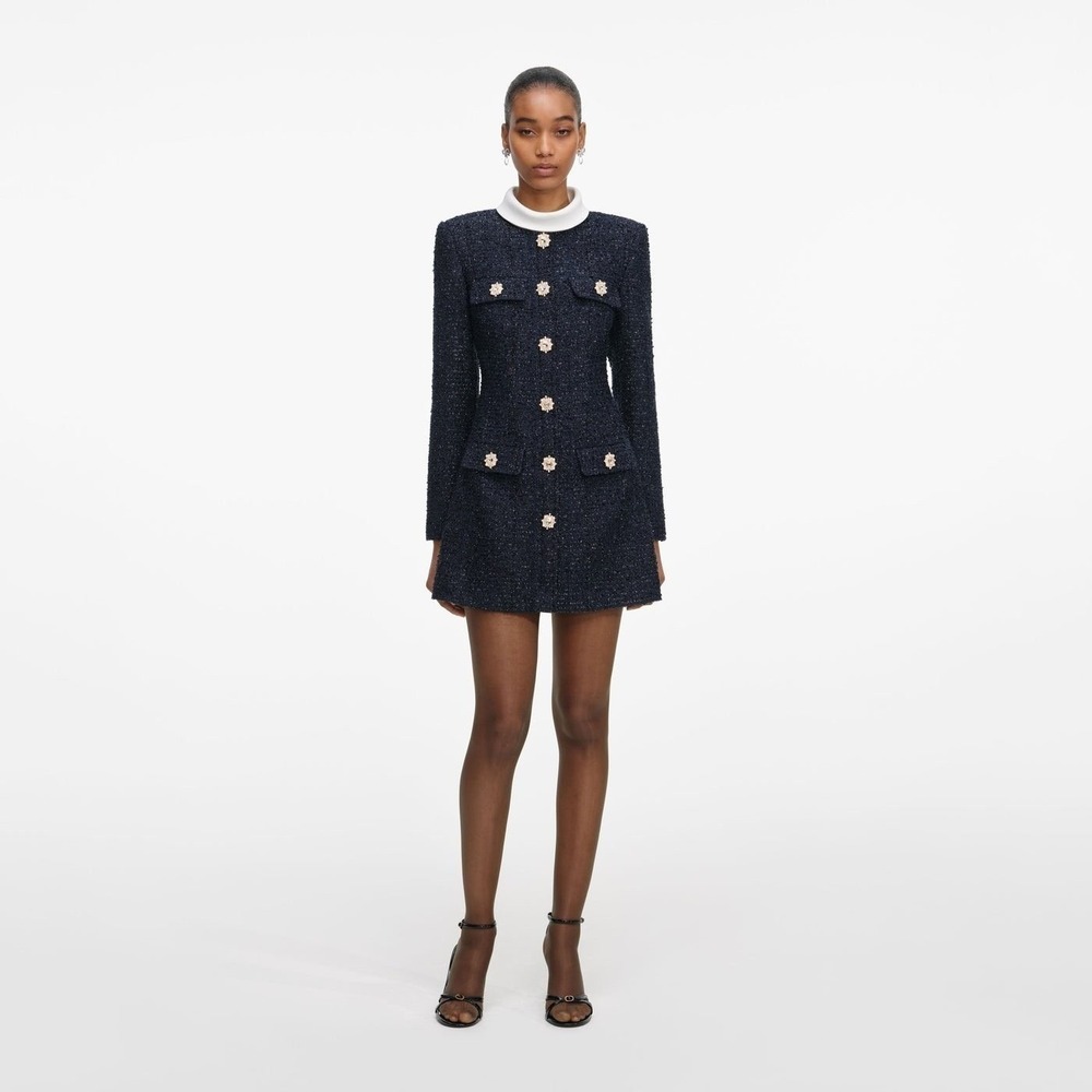 Self Portrait Navy Boucle Long Sleeve Mini Dress Pearl Buttons Size‎ US 6 NWT - Picture 3 of 10